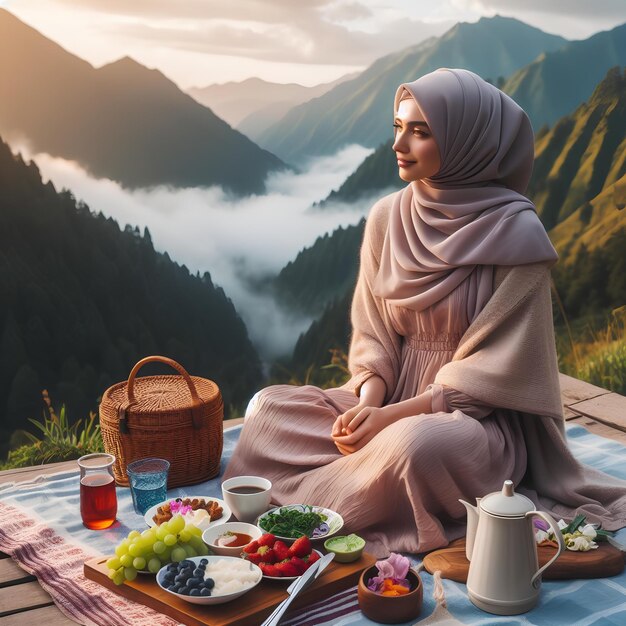 A girl sitting nature for iftar the breaking of fast at sunset nature