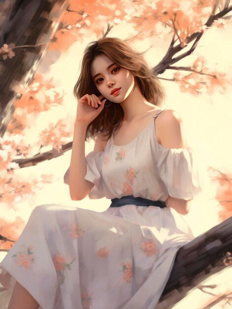 A girl sitting near a cherry tree in the style of soft and dreamy tones he jiaying