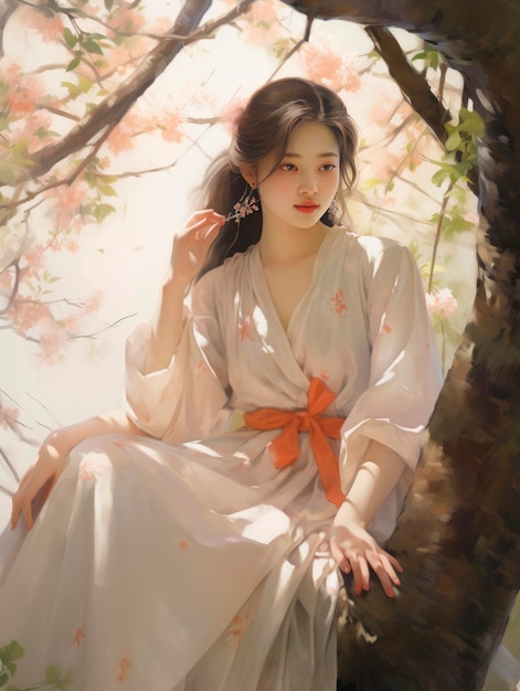 A girl sitting near a cherry tree in the style of soft and dreamy tones he jiaying