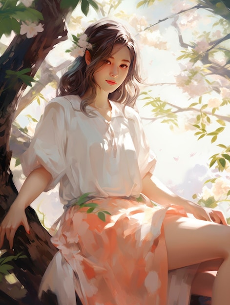 A girl sitting near a cherry tree in the style of soft and dreamy tones he jiaying