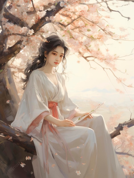 A girl sitting near a cherry tree in the style of soft and dreamy tones he jiaying