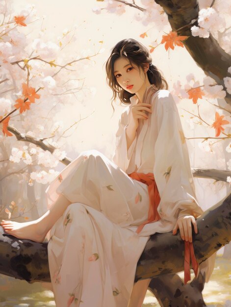 A girl sitting near a cherry tree in the style of soft and dreamy tones he jiaying