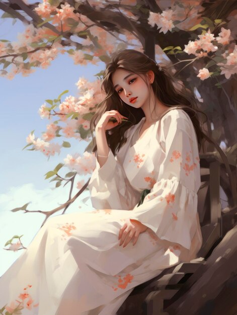 A girl sitting near a cherry tree in the style of soft and dreamy tones he jiaying