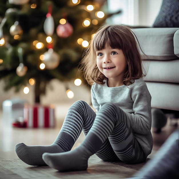 Girl sitting near Christmas tree