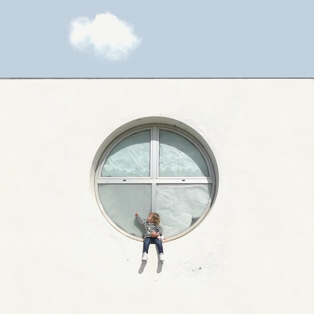 사진 하늘을 배경으로 창문에 앉아있는 소녀
