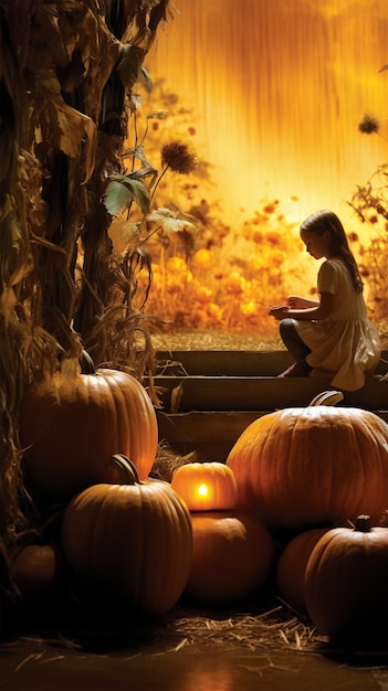 Girl sitting next to pumpkins generated by AI