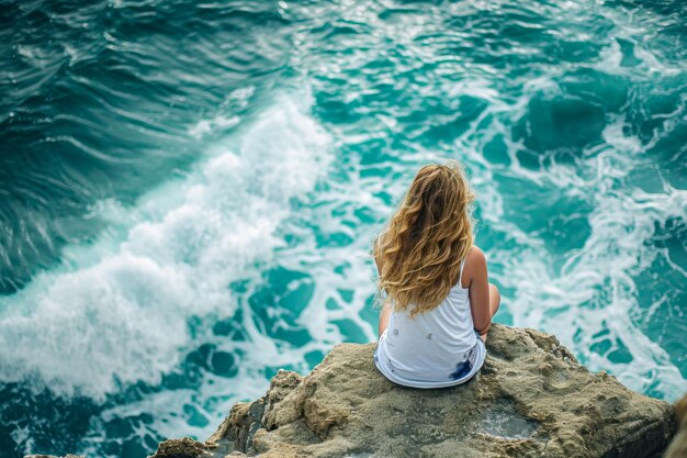 Foto ragazza seduta su una roccia vicino all'oceano a guardare le onde