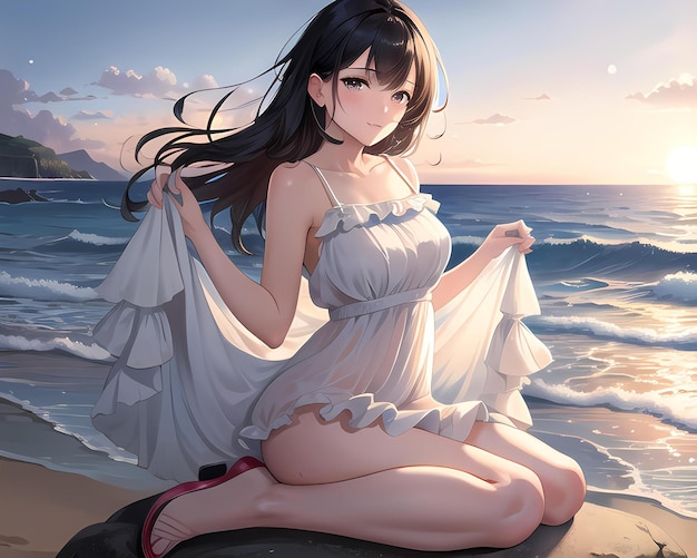바위가 있는 해변에 앉아 있는 소녀, 그녀의 시선은 먼 지평선에 고정되어 있었다.