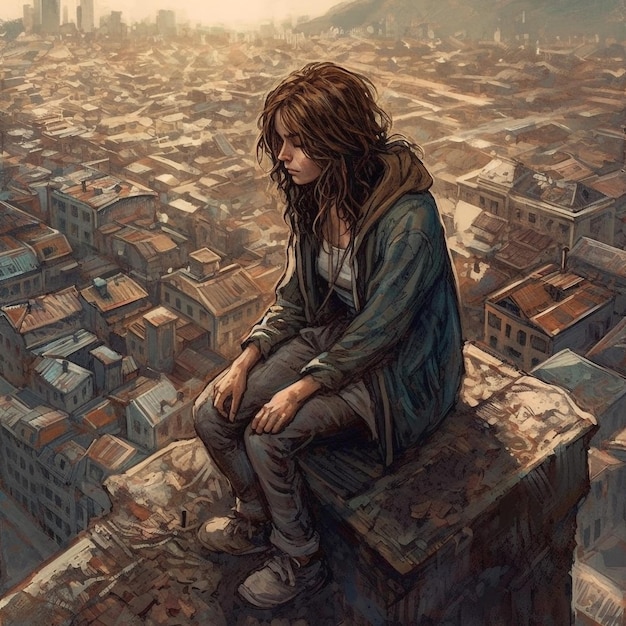 girl sitting on a roof looking down at a city below