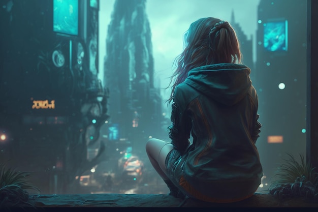 girl sitting in sci-fi city