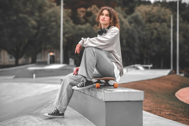 Girl sitting on skateboard on figure in skatepark