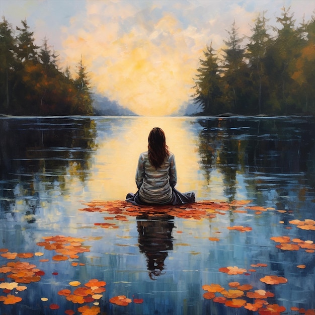 Foto ragazza seduta in un lago tranquillo