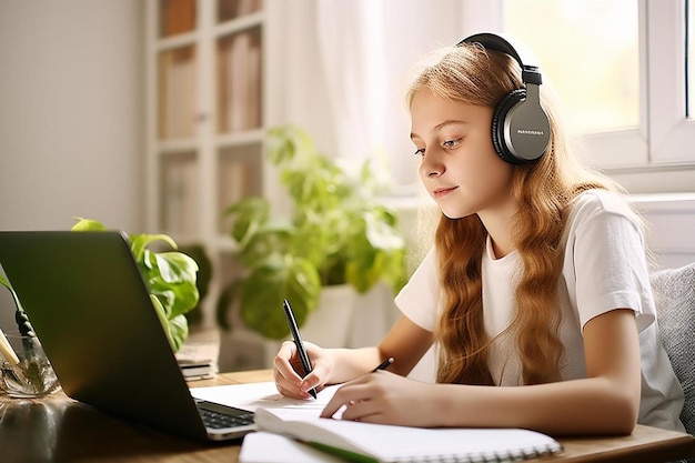 Photo a girl sitting at a table with a laptop and headphones
