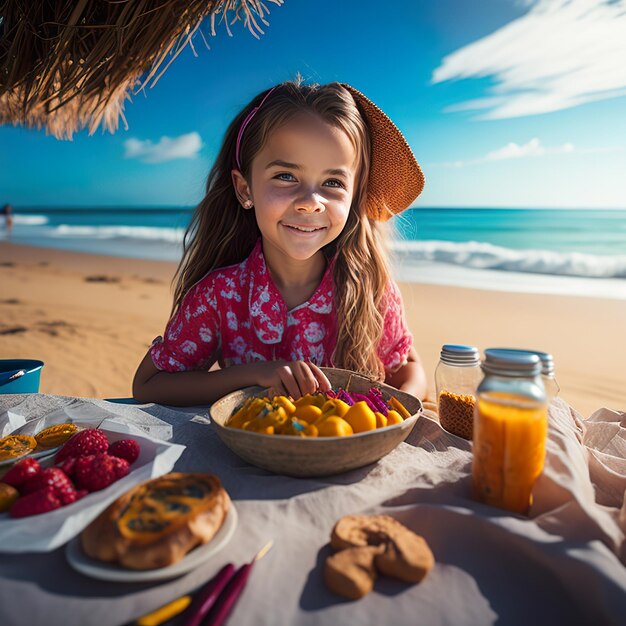 A girl sitting at a table with a plate of fruit on it