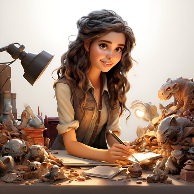 Girl sitting at the table and writing in notebook 3d illustration