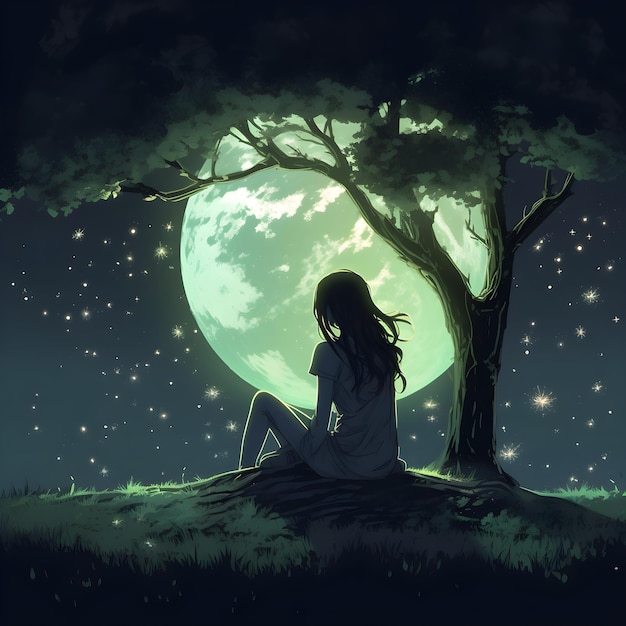 A girl sitting on a tree with the moon in the background.