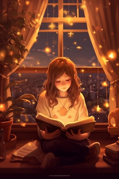 a girl sitting on a window sill reading a book generative ai