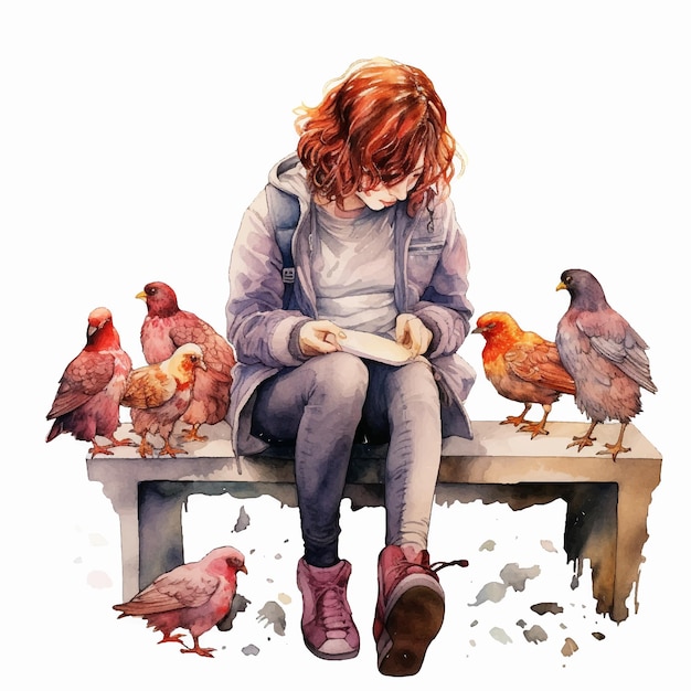 A girl sitting with doves illustration watercolor