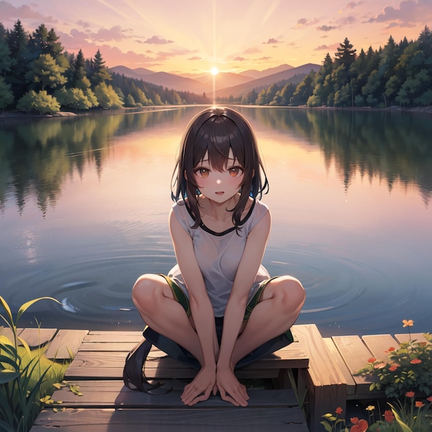 girl sitting with a lake and a sunset behind her