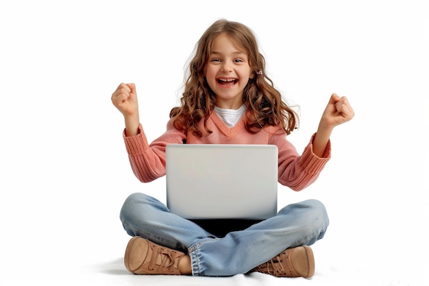 Photo a girl sitting with laptop in joy