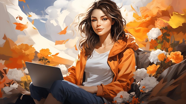 Girl sitting with laptop outdoors concept for work from home remote work studying education