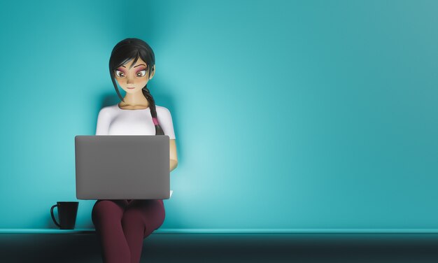 girl sitting with laptop stylized 3d character