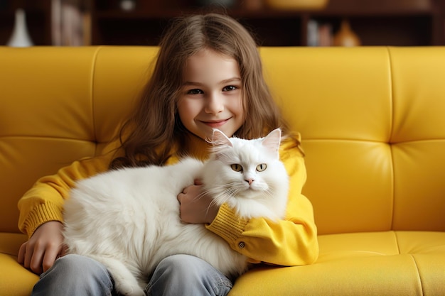 Девушка сидит на желтом диване и ласкает белую кошку.