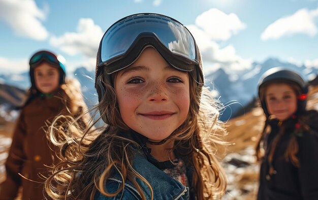 雪山でスキーゴーグルとスキーヘルメットを着た女の子と友達のスキー選手