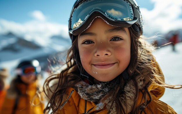 雪山でスキーゴーグルとスキーヘルメットを着た女の子と友達のスキー選手