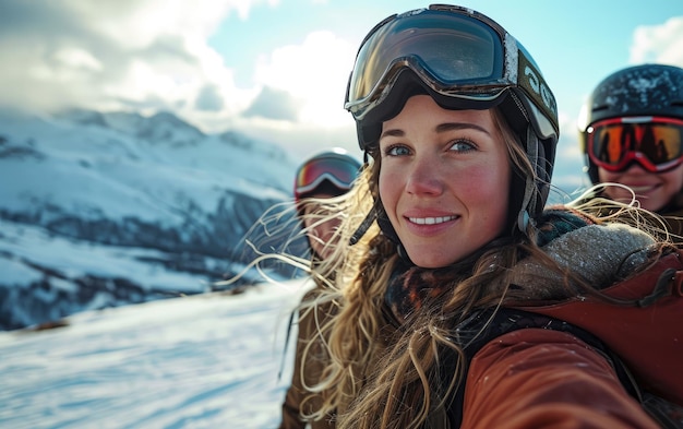 스키 안경 과 스키 헬 을 착용 한 여자 스키 선수 가 친구 들 과 함께 눈 산 에