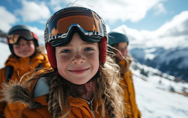 雪山でスキーゴーグルとスキーヘルメットを着た女の子と友達のスキー選手