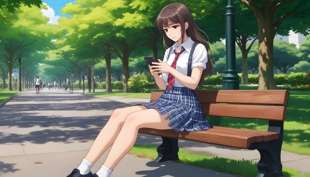 a girl in skirt and blouse is sitting on a bench and looking at her phone