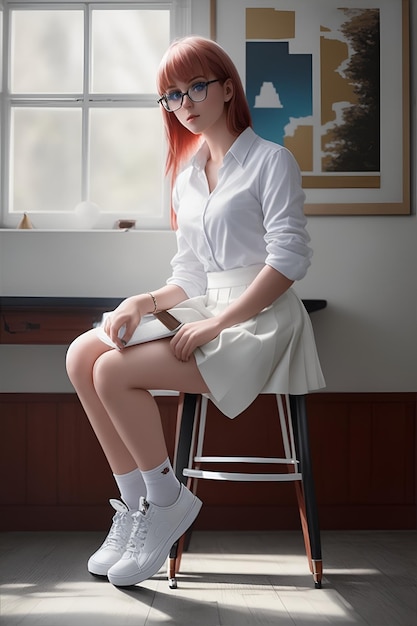 A girl in a skirt sits on a stool with a book in her lap.