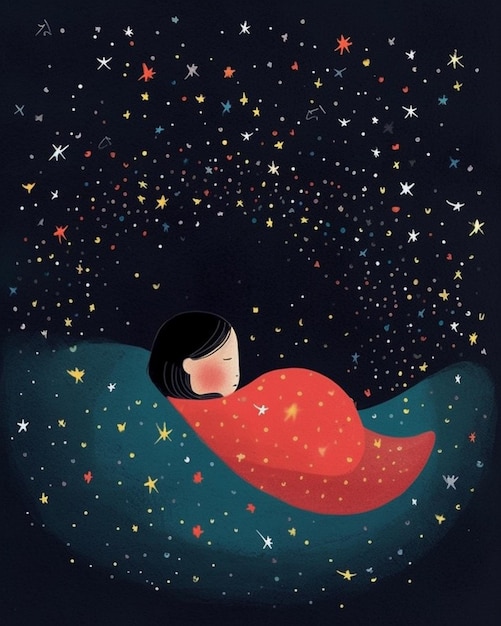 A girl sleeping in a bed with stars on the background.