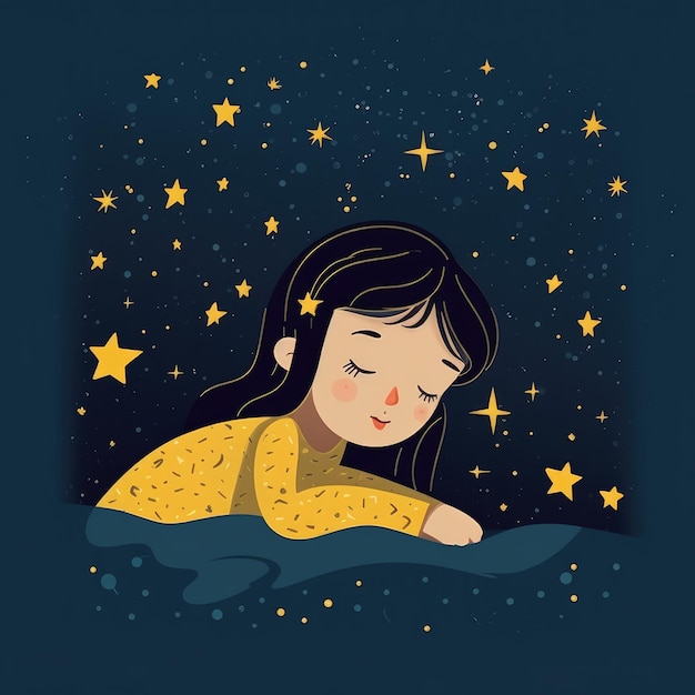 Girl sleeping among the blue sky bright moon and stars cartoon with generative ai