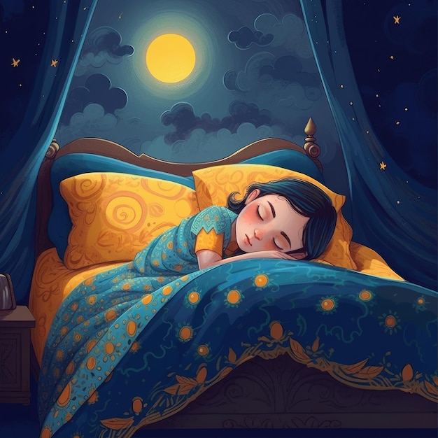 Girl sleeping among the blue sky bright moon and stars cartoon with generative ai