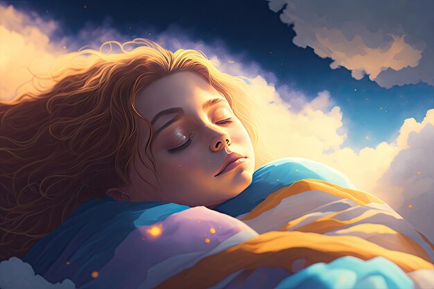 Photo girl sleeping on a cloud painted style bokeh ai generative