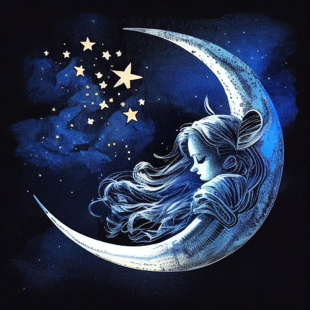 A girl sleeping on a crescent moon with stars on the background.