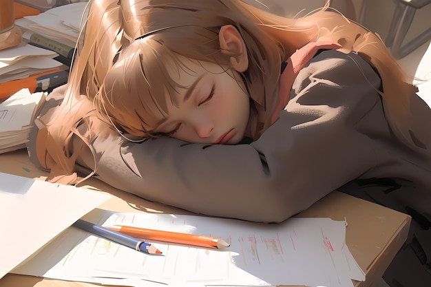 Tired anime girl sleeping on chair with head on desk