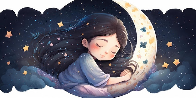 A girl sleeping on a moon with a star on her head.