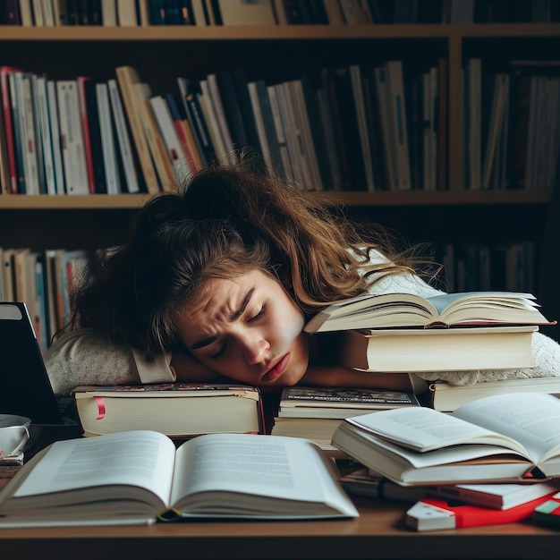 Photo girl sleeping on table with books comfy study session