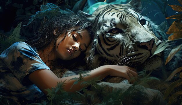 Photo a girl sleeping next to a tiger and some plants in the style of realistic
