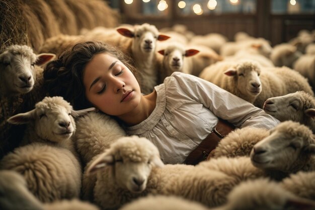 Girl sleeping with counting sheeps in her dream ar c