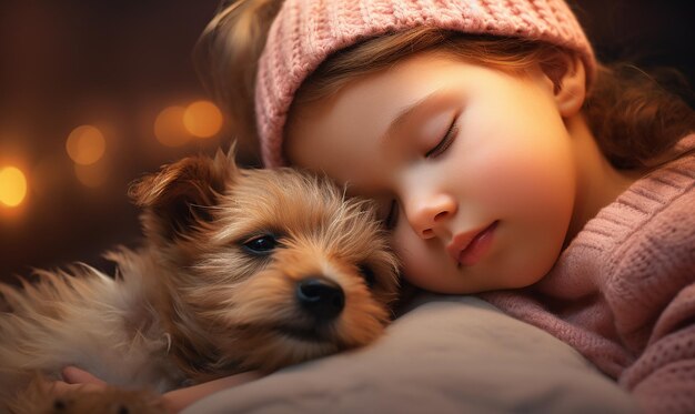 a girl sleeping with a dog and a hat on her head