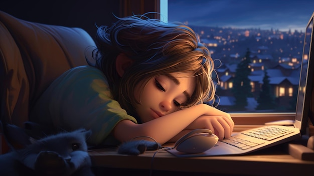 a girl sleeping with a mouse and a laptop in the background.