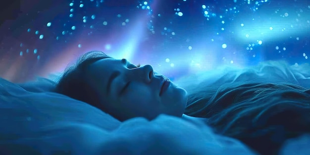 Фото Девушка спит среди звезд небо голубое небо на заднем плане