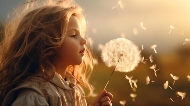 Photo a girl smelling a dandelion