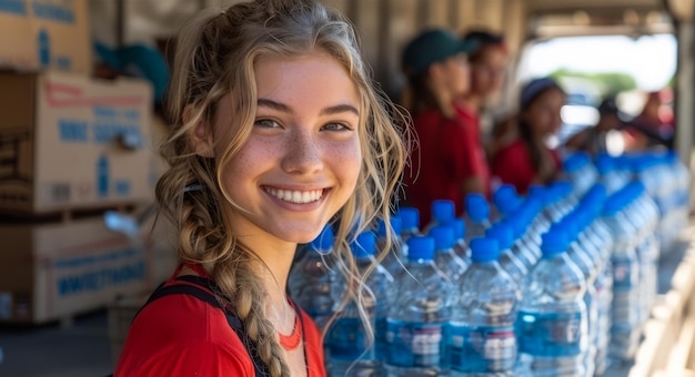 Girl smiles at the camera while other girls stand behind line of water bottles