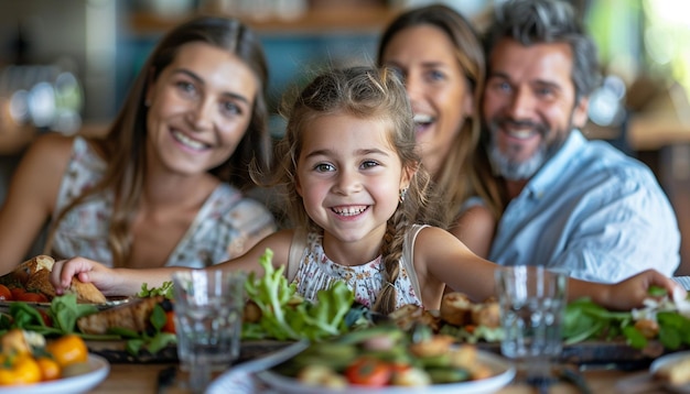 Foto una ragazza sorride alla telecamera con la sua famiglia sullo sfondo