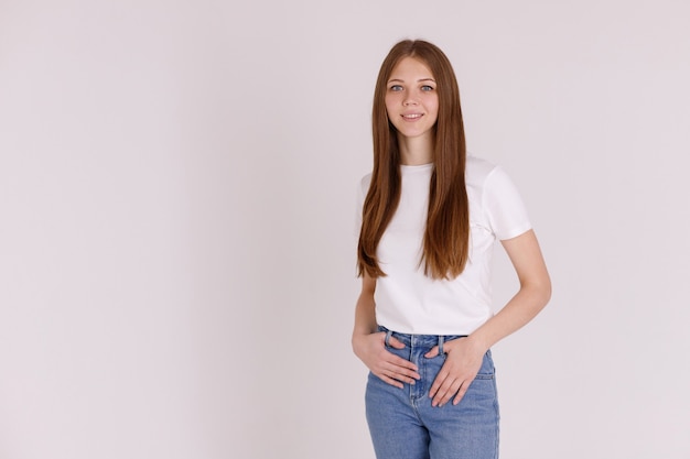 Girl smiles on studio in studio